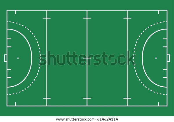 Flat green field hockey\
grass with line template. Vector stadium card.  Proportion outline\
illustration.