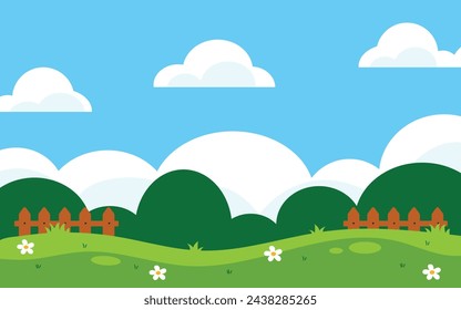 Flat green field landscape on sunny day