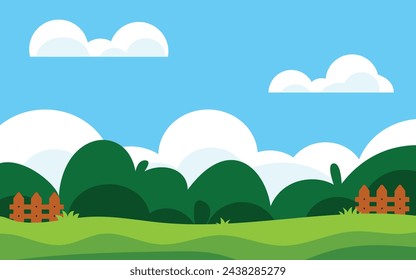 Flat green field landscape on sunny day