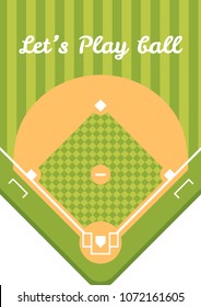 Flat green grass Baseball field from top view.  stadium with baseball ball, bat and text. Sport concept design. Vector illustration.