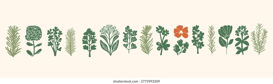 Flat green herb and flower silhouette collection with rosemary, artichoke and clover in linocut style — rustic organic botanical set for mediterranean cuisine or cottagecore design