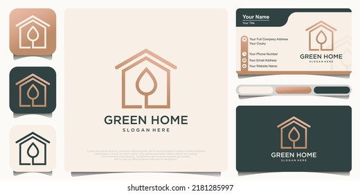 Flat green home with green leaf inside logo design template
