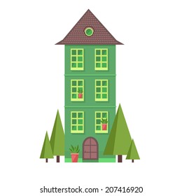 Flat green house with trees