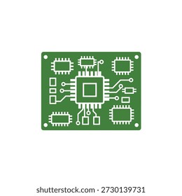 Um ícone verde plano de uma placa de circuito impresso com unidade de processamento central e vários microchips para design de hardware.