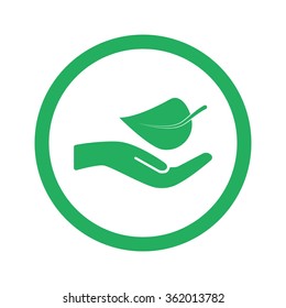 Flat green Leaf In Hand icon and green circle