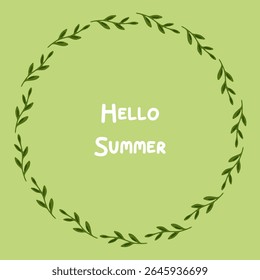 Flat Green Leaf Wreath Frame. Circulaire botanische krans gemaakt van donkergroene bladeren op een lichtgroene achtergrond. Platte illustratie in tekenfilmstijl, ideaal als decoratief frame.
