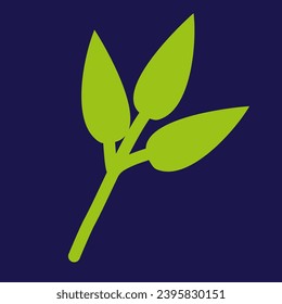 Hojas verdes planas con icono de tallo aislado en el fondo oscuro. Ilustración de dibujos animados de botánica dibujada a mano. Elemento de diseño floral para diseño de tarjetas, postales, plantillas, logotipos. Concepto de Eco de primavera y verano.