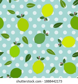 Flat green lemon illustration and leaves, with sky blue, polka dots background seamless pattern	