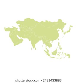 Flat green map Asia isolated on white background. Vector illustration with Asia country. Include China, India, Japan, Egypt, Bangladesh, Egypt, Indonesia, Malaysia, Cambodia, Turkey, Vietnam.