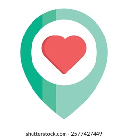 Flat green map marker with heart, suited for travel blogs, couple goals, and Valentine’s Day adventure themes.