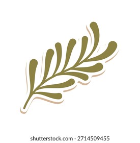 Etiqueta engomada verde plana de la rama del muérdago en estilo artesanal. Decoración de la rama para la caja del partido y la etiqueta del regalo, perfecto como decoración festiva de la planta o elemento del partido del kraft. Gráfico simple para vacaciones.