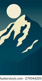 Flat Green Moonlit Mountain Landscape Vector Illustration in Night Nature Style