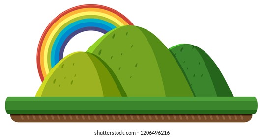 Ilustración de la montaña verde plana y el arco iris
