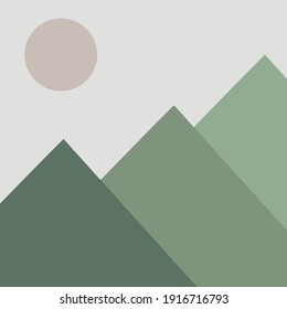 Flache grüne Berge mit Mond. Abstrakte Naturgrafik.
