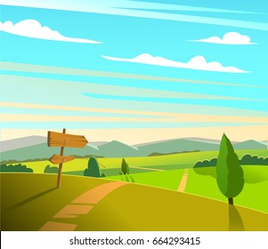Flat green natural landscape with blue sky wood road arrow. Vector illustration.
