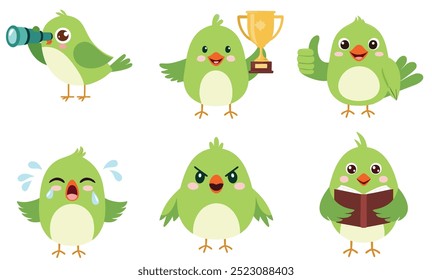 Flat green parrot mascot vector set. mascot crying, thumps up, holding trophy, book, binocular, angry.