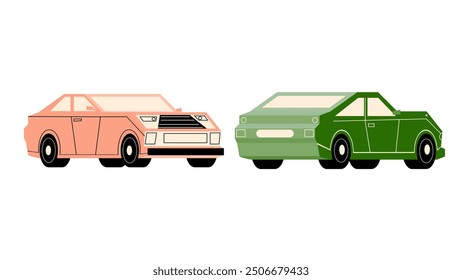 flat green, pink car vector illustration set 