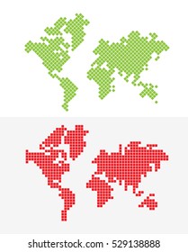 Flat green and red world map with square pixels isolated on white background vector illustration set. Pixel dot style formed continents in two colors.