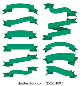 Flat Green Ribbons Set isolated On White Background. Vector Illustration