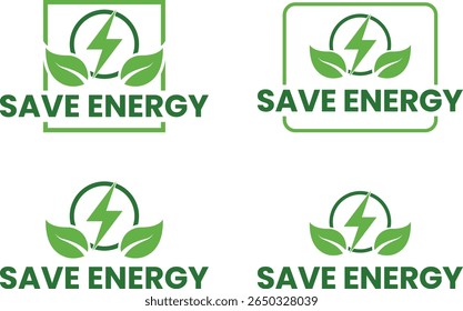 Flat Green Save Energy Eco Logos with Leaf and Bolt Label set for Environmental Awareness Campaigns