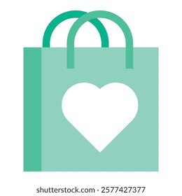 Flat green shopping bag with heart, suited for e-commerce banners, gift guides, and Valentine’s Day promotions.