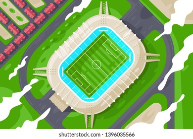 Flat green stadium from height for football. Concept big city building for sport, team wrestling, top view. Vector illustration.