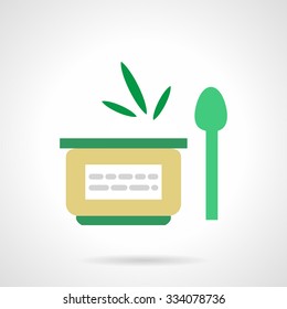 Flat green style jar with label and spoon. Baby food, vegetable puree. Vector icon. Single design elements for website, mobile and business. 