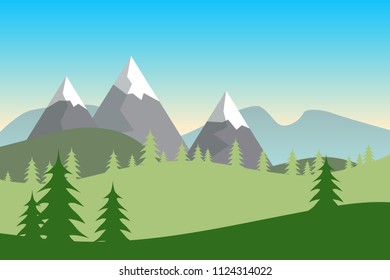 Flat green summer forested landscape with hills covered in snow.