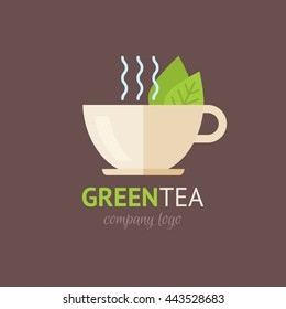 Flat green tea cup organic logotype with text and tagline minimalistic design isolated