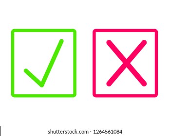 Flat green tick and pink cross signs. Original check mark OK and X icons, isolated on white. Voting marks graphic design. Symbols YES and NO button for vote, decision, web. Vector illustration