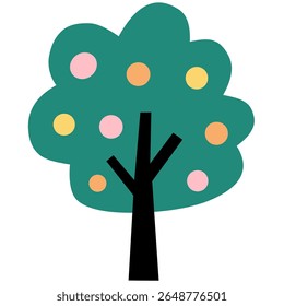 Flat green tree with circular pink and orange fruits or flowers. Cute and fun for kids’ projects.