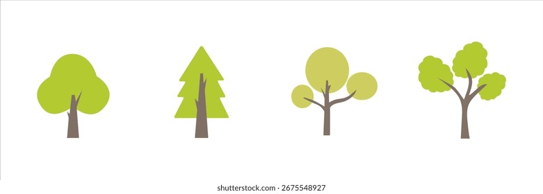 Flaches grünes Baum-Symbol im minimalen Stil, einzeln auf weißem Hintergrund für Öko- und Naturdesign.