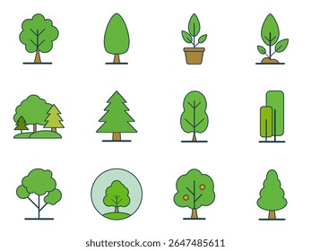 Flat green tree icons collection with forest, plant pot, evergreen, fruit tree, and landscaping design