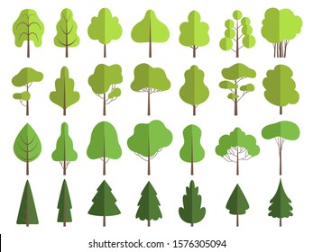Flat green trees. Nature plants clean shaping forms vector collection isolated