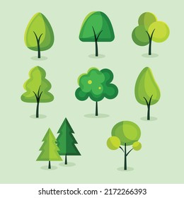 Flat green trees. Nature plants clean shaping forms collection isolated.