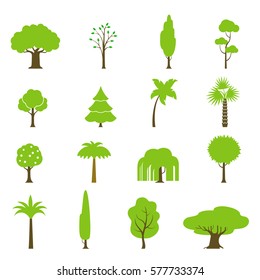 Flat green trees vector illustration set. Fir-tree, palm, oak, pine, coconut; fruit garden and forest icons. Nature concept.