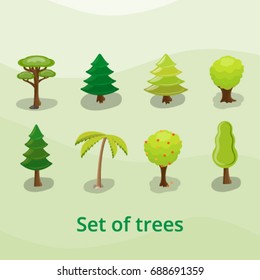 Flat green trees vector illustration set. Fir-tree, palm, oak, pine, coconut; fruit garden and forest icons. Nature concept.