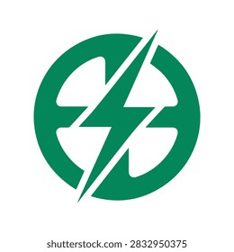 A flat green vector graphic featuring a stylized circular emblem bisected by a sharp diagonal lightning bolt symbol.