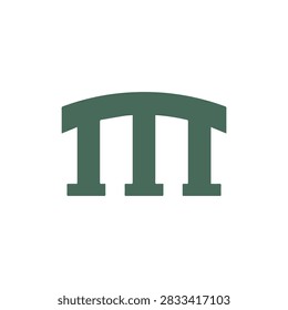 A flat green vector icon featuring the letter M stylized with three vertical pillars connected by an arched top element isolated on a white background