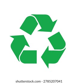 A flat green vector icon of the universal recycling symbol with three chasing arrows arranged in a triangular loop representing sustainability and waste management.