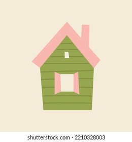 Flat green vector illustration of tiny cottage house with pink roof isolated on a white background.