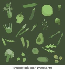 Verduras verdes planas decoradas con colores cálidos. Sin patrón. Ilustración del material vectorial aislada en el fondo oscuro para el diseño del embalaje.