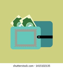 Flat green wallet with card and cash. Vector illustration icon. Pay cash, Dollar, Finance, Business