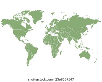 Flat green world map featuring all major continents North America, South America, Africa, Europe, Asia, and Eurasia.