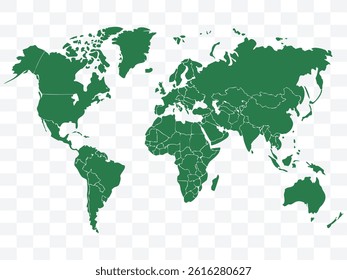 Flat green world map silhouette on transparent background, ideal for educational, environmental, and global awareness themes. High-quality vector for infographics, posters, or presentations.