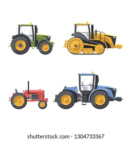 Flat green yellow blue and red tractors set