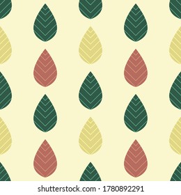 Hojas verdes planas, amarillas y rojas sobre fondo amarillo calmado. Patrón de temporada floral sin foco. Adecuado para textiles, envasado.