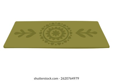 Tapete de ioga verde plano com mandala floral e ornamento de folha. Símbolo de harmonia e equilíbrio.