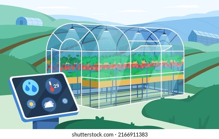 Flat Greenhouse With Smart Futuristic Tech For Growing Or Automation Watering Plants. Agricultural Cultivation With Control Digital Wireless Device. Farm Industry With Innovation Technology Management