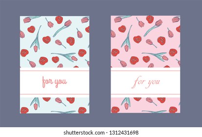 Flat greeting card template with hand drawn tulips and text. Ink sketch of spring flowers. Elements for packaging design in pale pink and blue tender colors.
